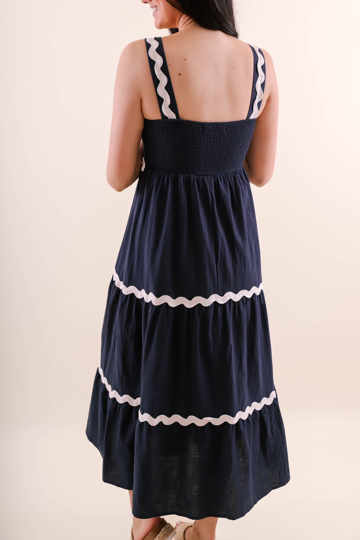 Navy and White Ric-Rac Maxi Dress- Women's Summer Maxi Dresses- She + Sky Maxi Dress