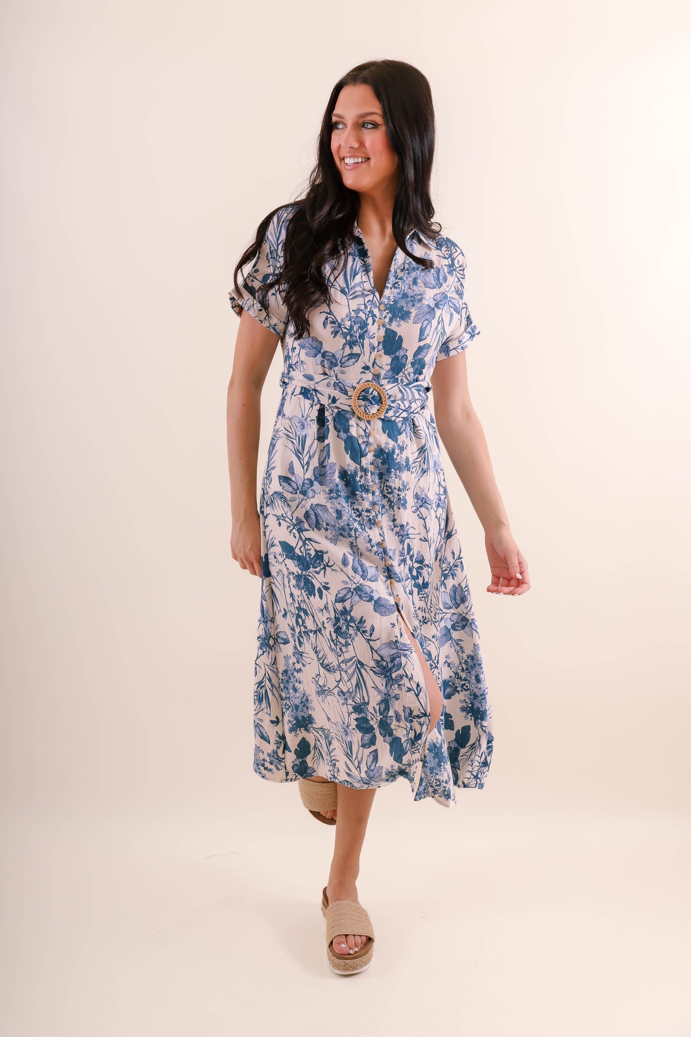 Tropical Print Midi Dress- Women's Vacation Dress- Blue And White Print Midi Dress