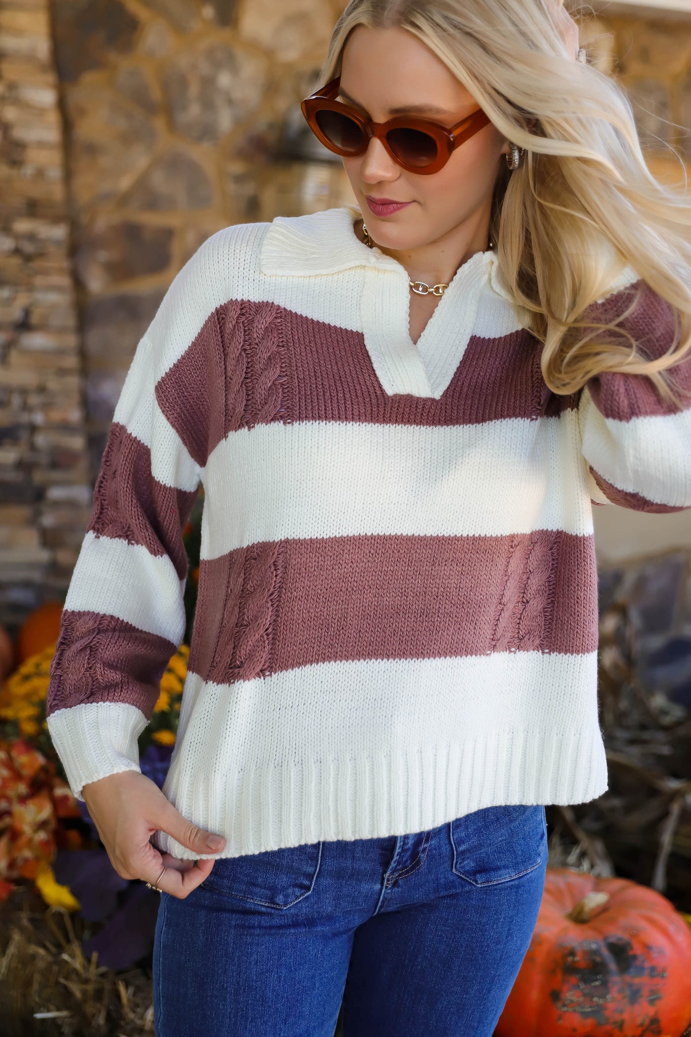 Women's Cable Knit Sweater- Women's Preppy Stripe Sweater- Be Cool Sweaters