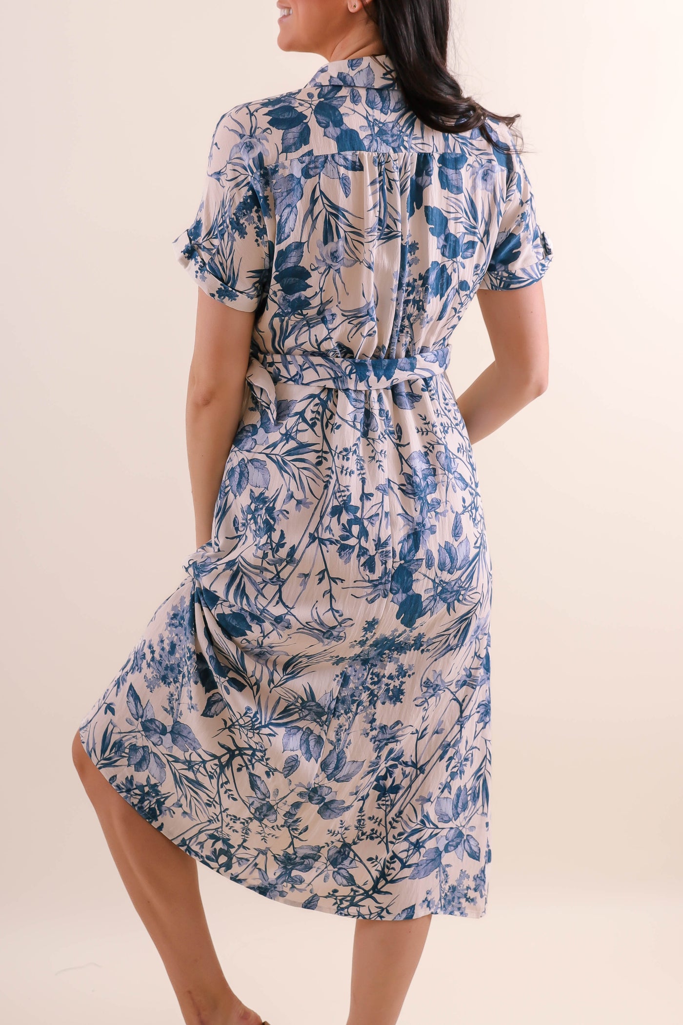 Tropical Print Midi Dress- Women's Vacation Dress- Blue And White Print Midi Dress