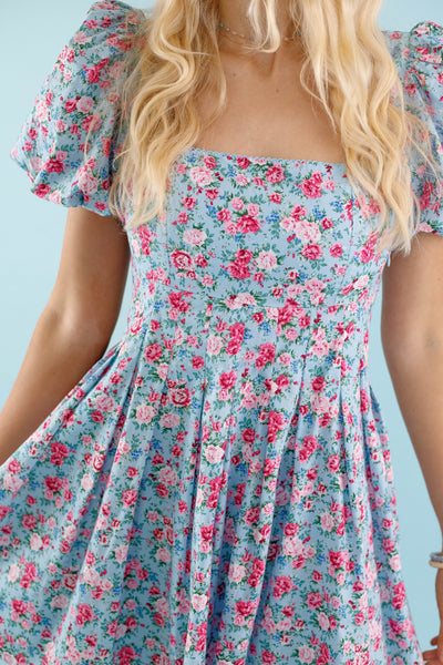 Blue Floral Mini Dress- Pink and Blue Flower Dress- Mable Dress