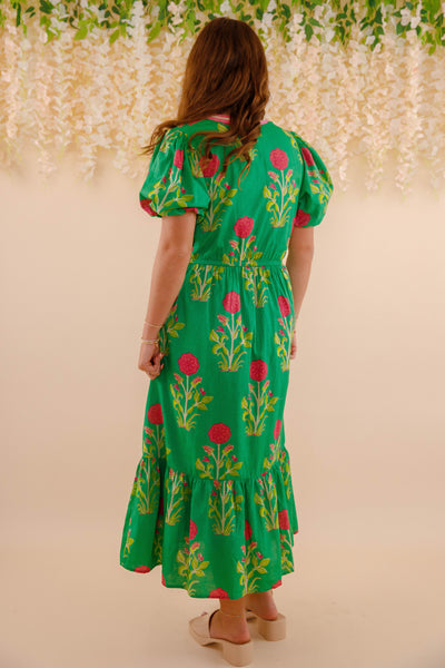 Women's Green Printed Dress- THML Midi Dress- Women's Anthro Midi Dress