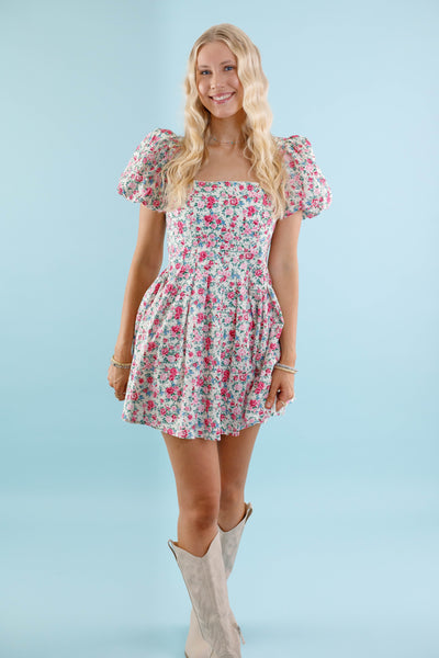 Cream Floral Mini Dress- Pink and Beige Flower Dress- Mable Dress