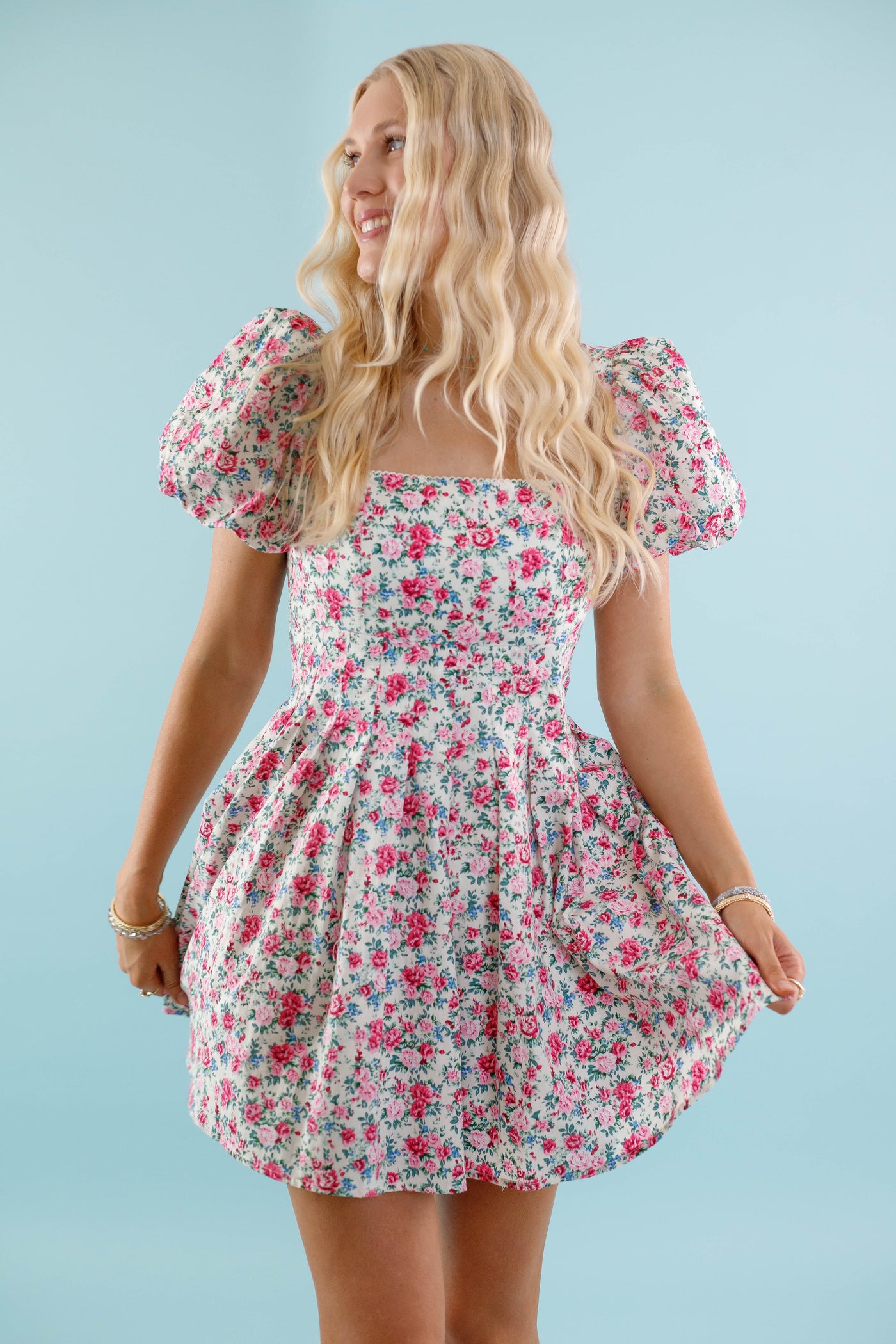 Cream Floral Mini Dress- Pink and Beige Flower Dress- Mable Dress