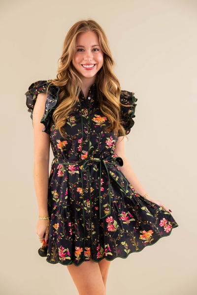 Black Floral Dress- Women's Short Sleeve Floral Dres- Entro Floral Scalloped Dress