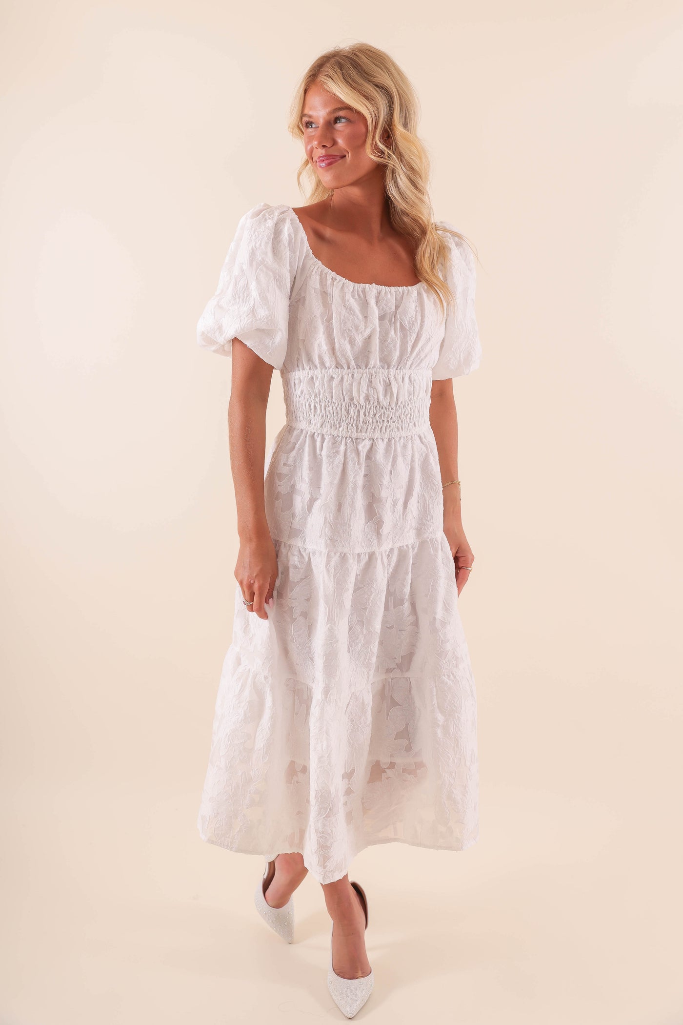 White Midi Dress with Balloon Sleeves - Classy White Lace Overlay Dress