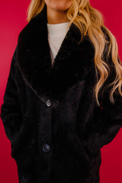 Black Fuzzy Long Coat- Women's Long Black Fur Coat- Lena Long Black Coat