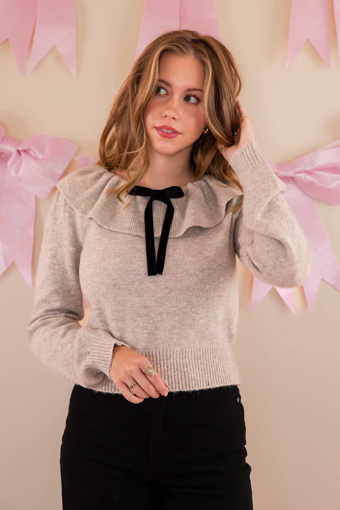 Ruffled Neckline with Bow Detail Sweater- Designer Inspired Sweater- Mable Ruffled Sweater with Bow