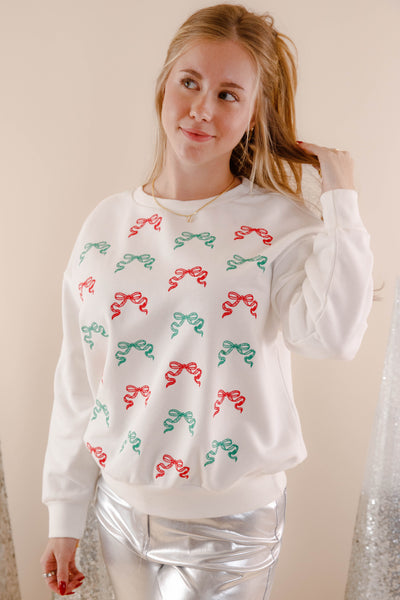 Women's Christmas Pullover- Red and Green Bow Sweatshirt- Blue B Christmas Sweatshirt