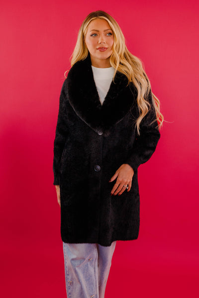 Black Fuzzy Long Coat- Women's Long Black Fur Coat- Lena Long Black Coat