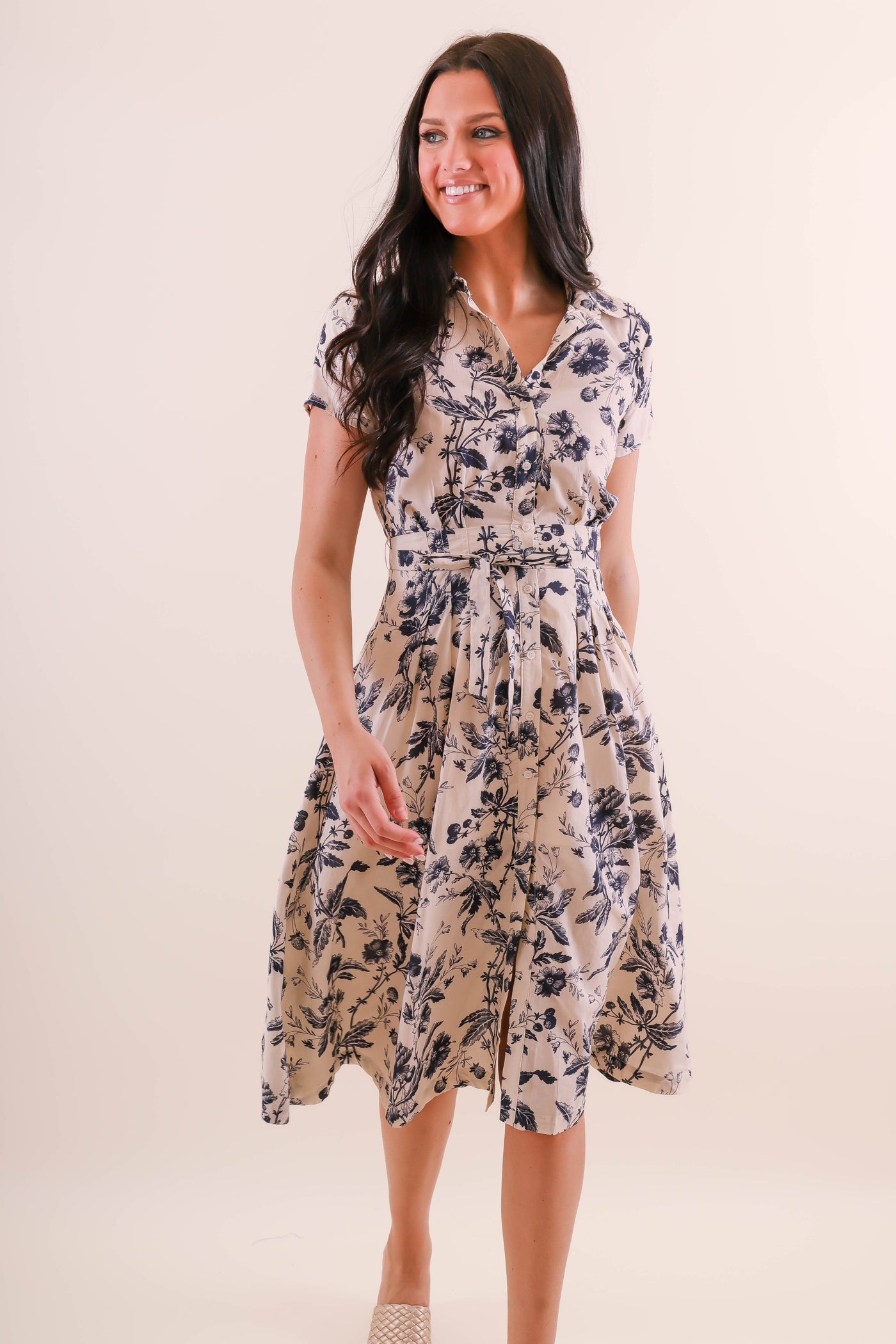 Women's Collar Button Down Midi Dress- Blue and Beige Print Midi Dress- Aakaa Dresses