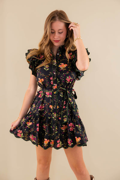 Black Floral Dress- Women's Short Sleeve Floral Dres- Entro Floral Scalloped Dress