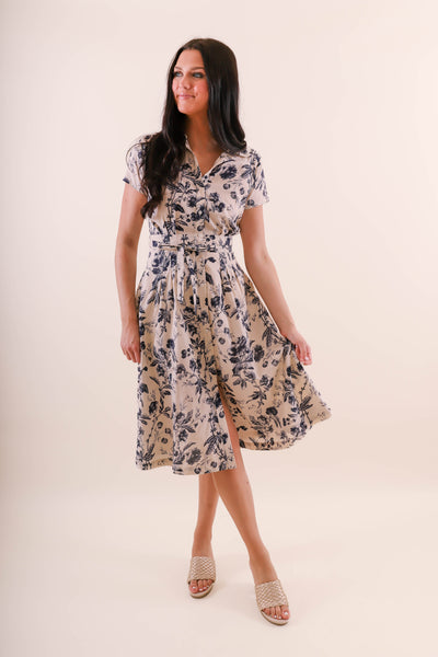 Women's Collar Button Down Midi Dress- Blue and Beige Print Midi Dress- Aakaa Dresses