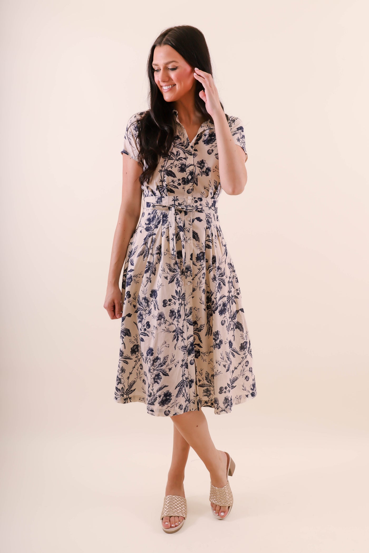 Women's Collar Button Down Midi Dress- Blue and Beige Print Midi Dress- Aakaa Dresses