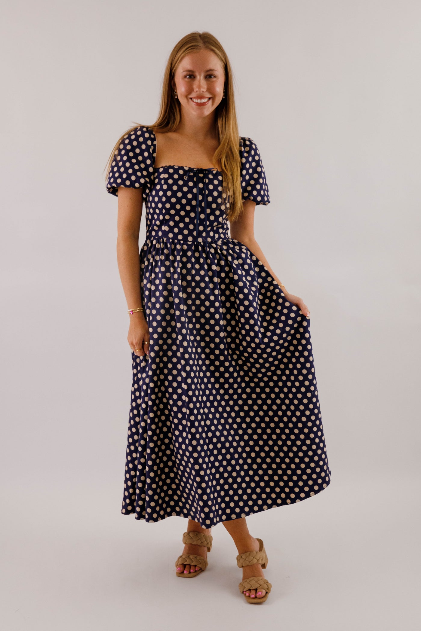 Square Neckline Polkadot Midi Dress- Women's Navy and White Polkadot Dress