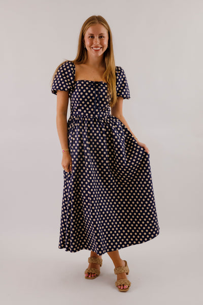 Square Neckline Polkadot Midi Dress- Women's Navy and White Polkadot Dress