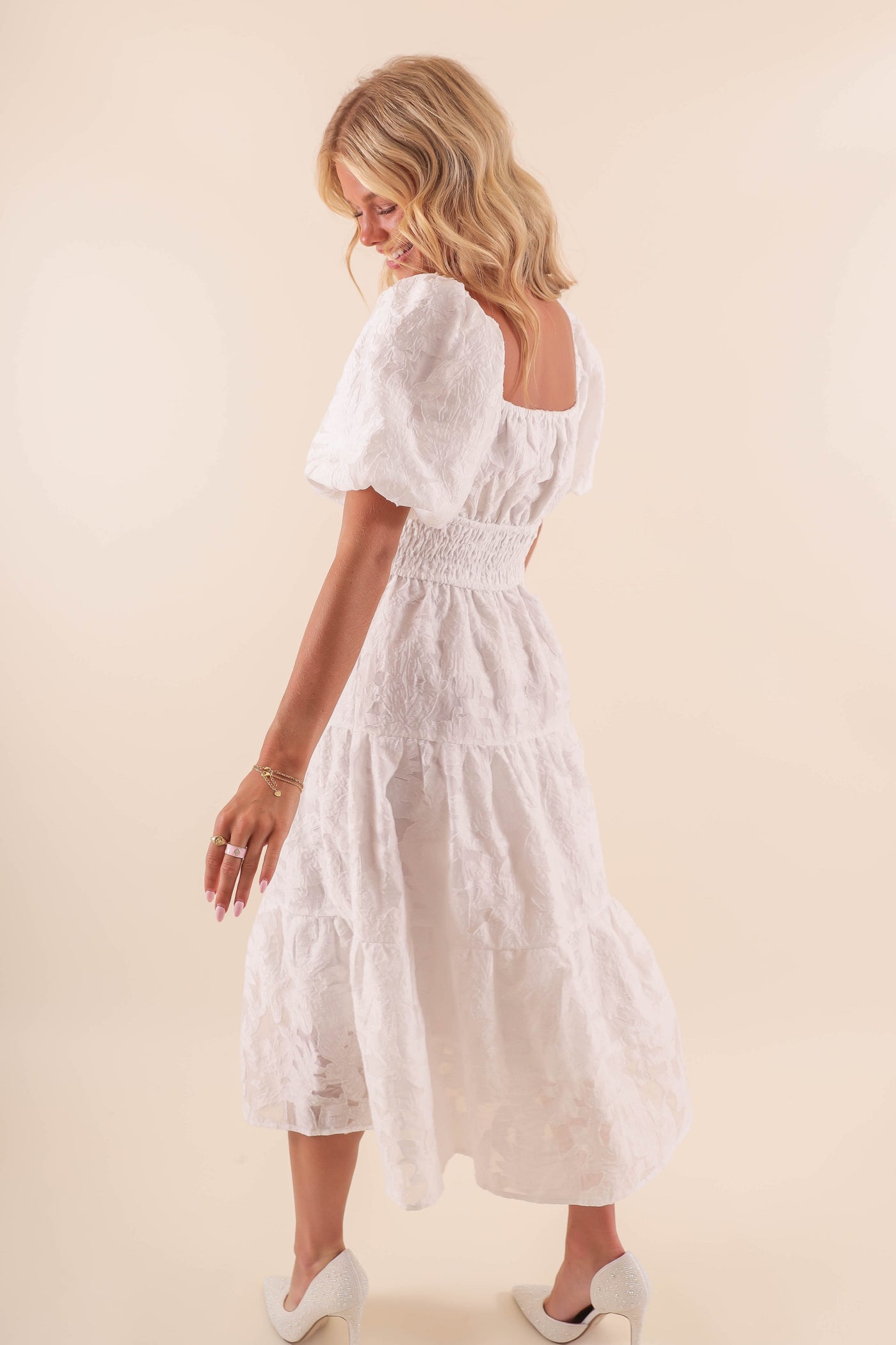 White Midi Dress with Balloon Sleeves - Classy White Lace Overlay Dress