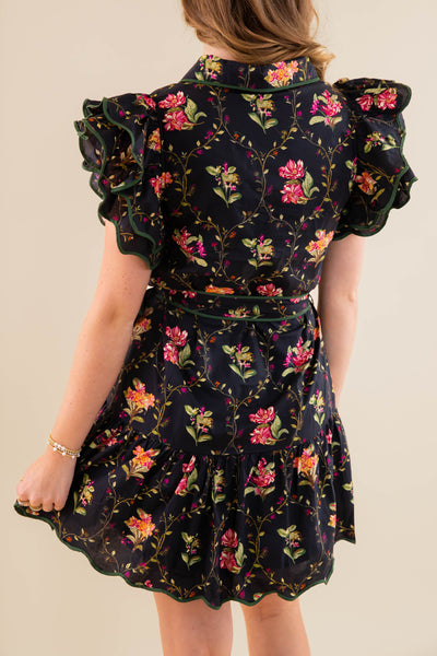 Black Floral Dress- Women's Short Sleeve Floral Dres- Entro Floral Scalloped Dress