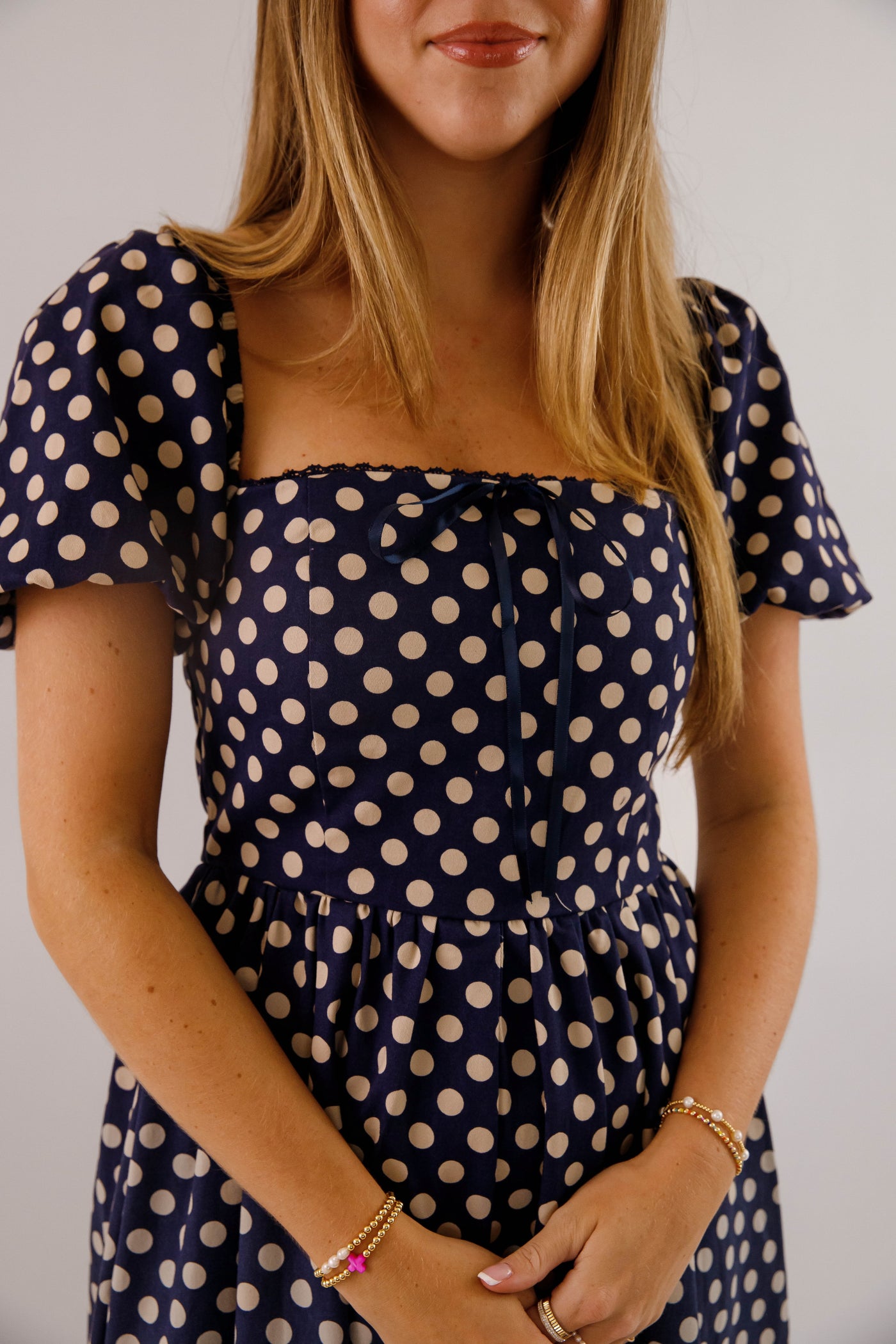 Square Neckline Polkadot Midi Dress- Women's Navy and White Polkadot Dress