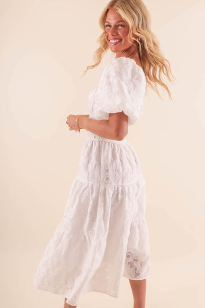 White Midi Dress with Balloon Sleeves - Classy White Lace Overlay Dress