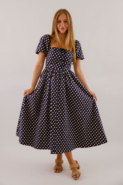 Square Neckline Polkadot Midi Dress- Women's Navy and White Polkadot Dress