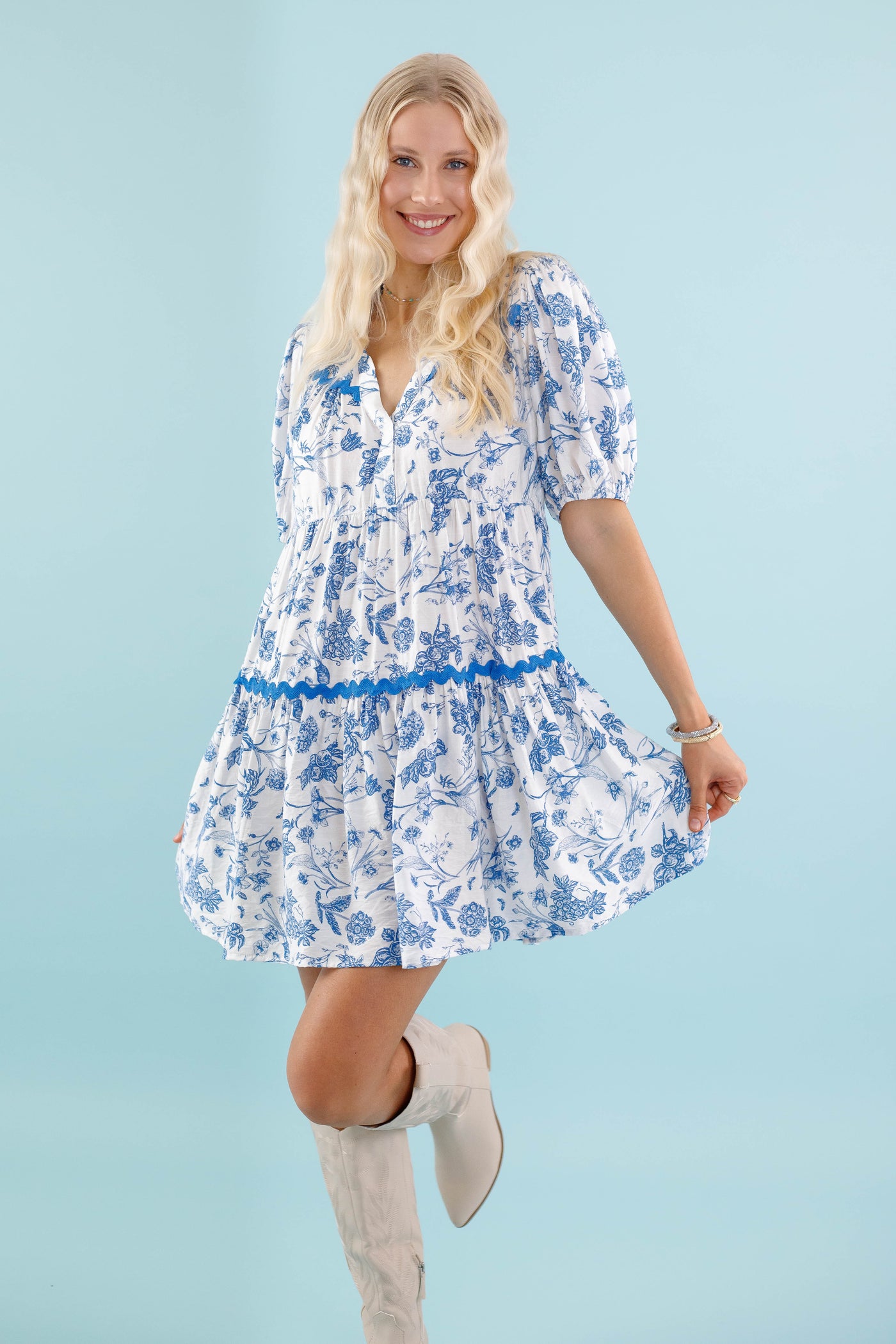 Floral Blue Toile Print Dress- Women's Ric-Rac Dress- Blue Printed Dress