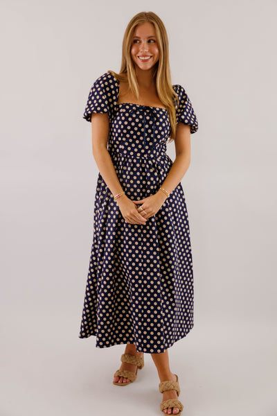 Square Neckline Polkadot Midi Dress- Women's Navy and White Polkadot Dress