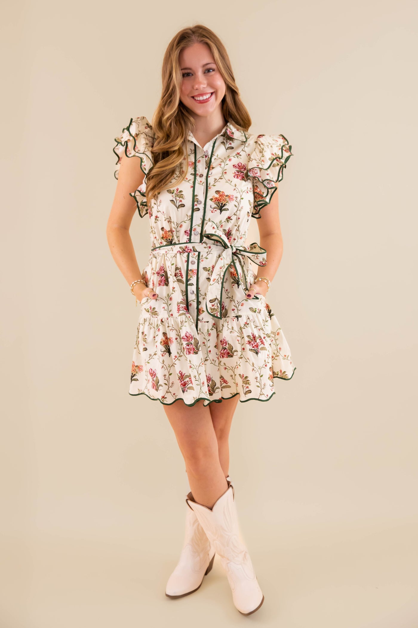 Beige Floral Dress- Women's Short Sleeve Floral Dres- Entro Floral Scalloped Dress