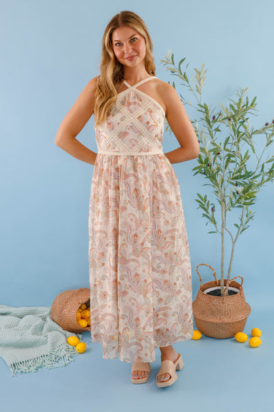 Crotchet Halter Neck Maxi Dress- Women's Paisley Print Dress- Skies Are Blue Dresses
