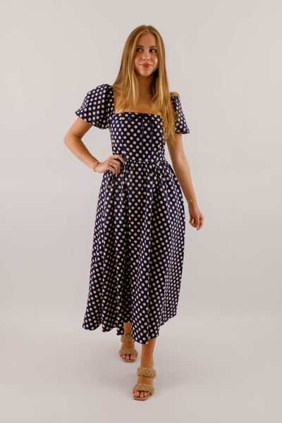 Square Neckline Polkadot Midi Dress- Women's Navy and White Polkadot Dress