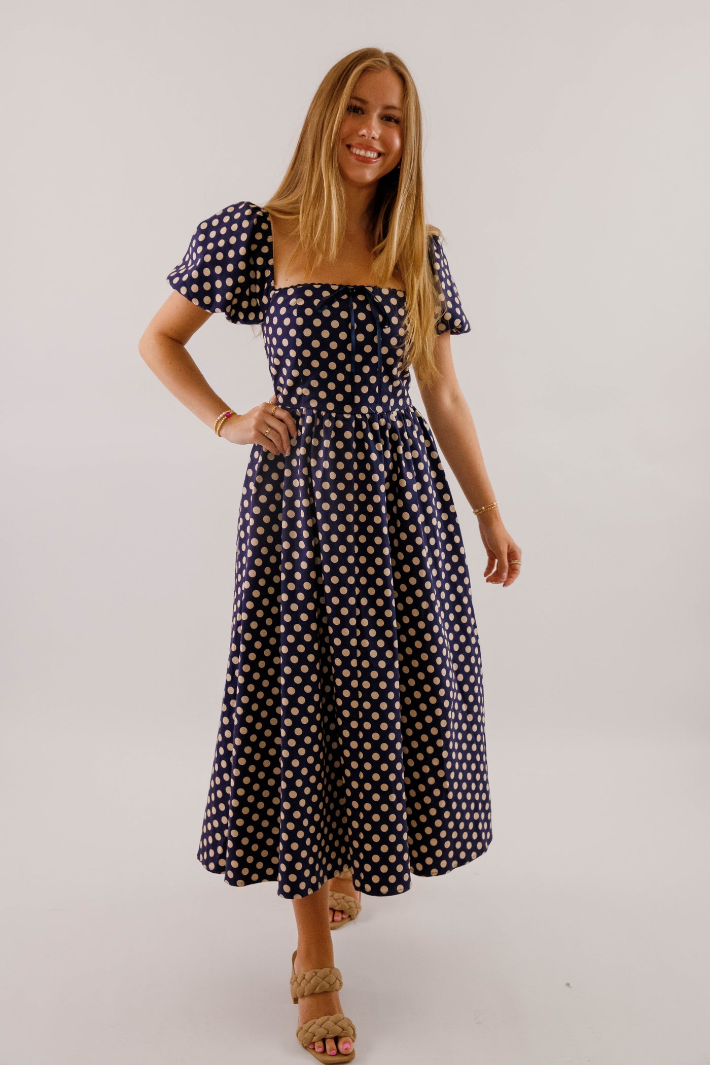 Square Neckline Polkadot Midi Dress- Women's Navy and White Polkadot Dress