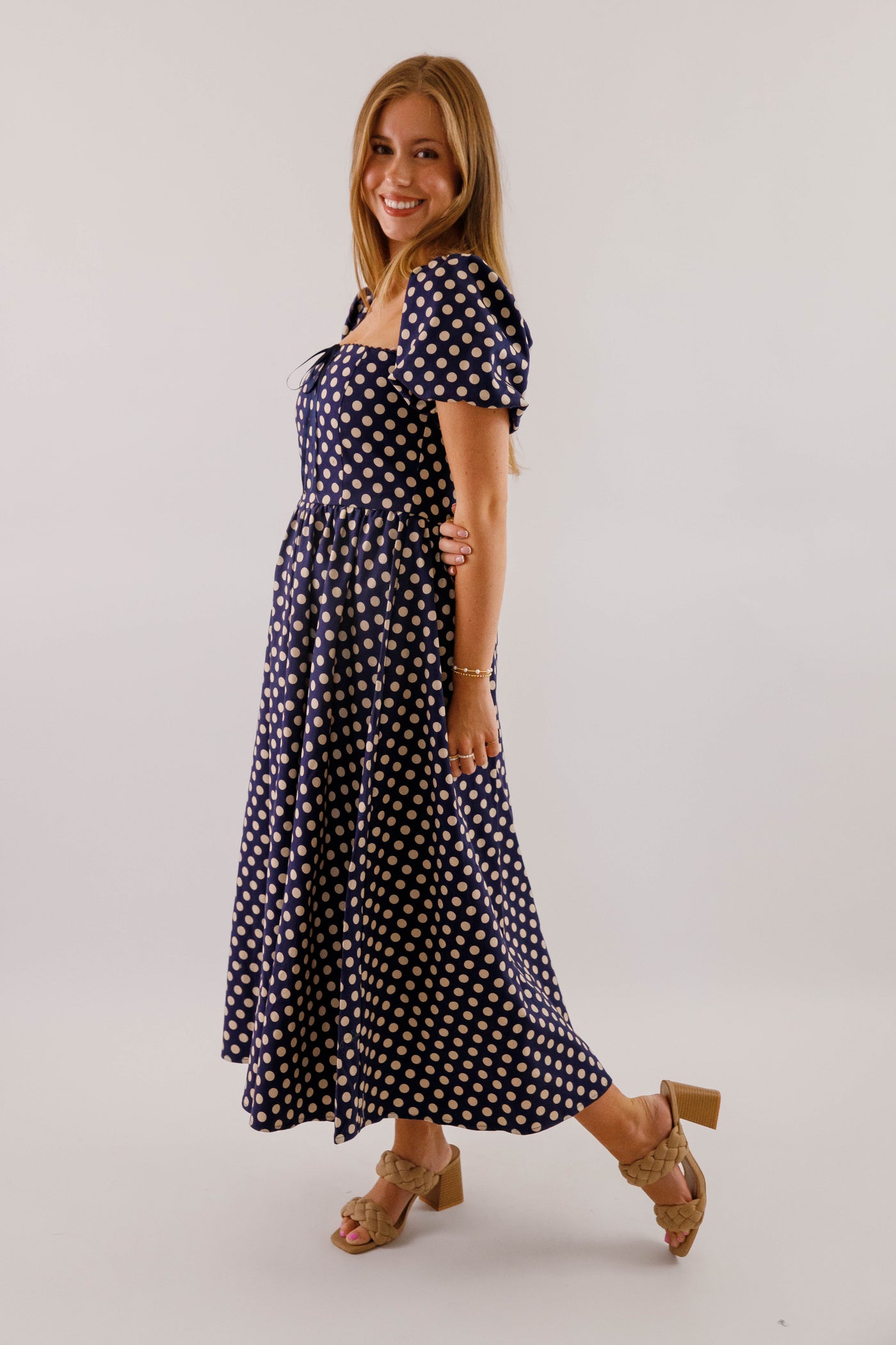 Square Neckline Polkadot Midi Dress- Women's Navy and White Polkadot Dress