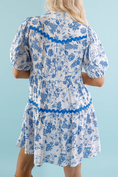 Floral Blue Toile Print Dress- Women's Ric-Rac Dress- Blue Printed Dress