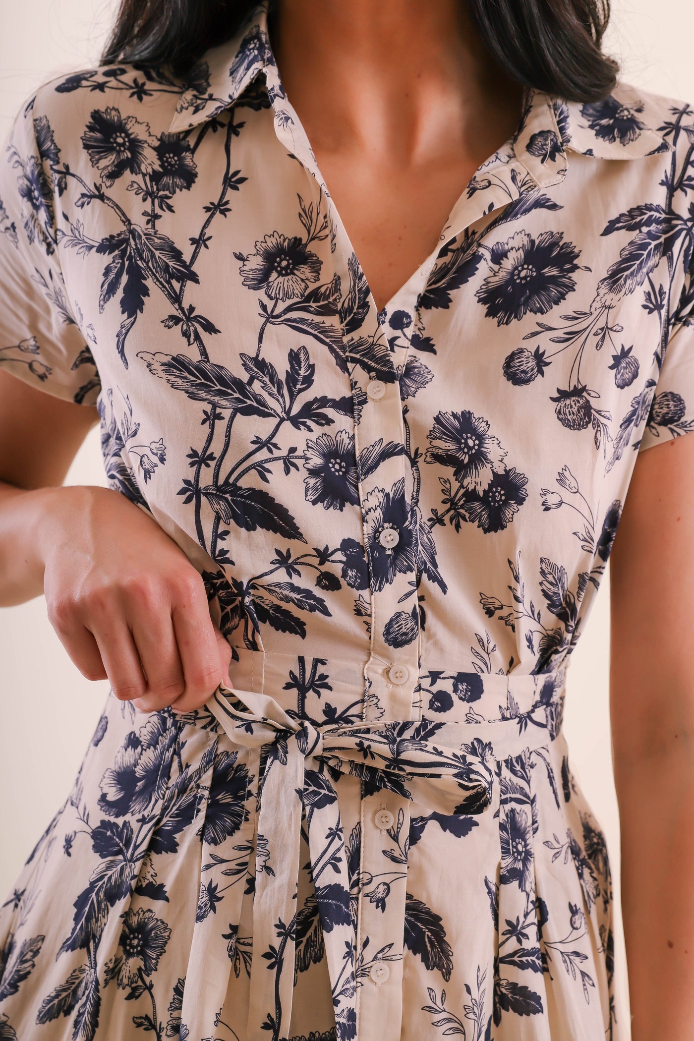 Women's Collar Button Down Midi Dress- Blue and Beige Print Midi Dress- Aakaa Dresses