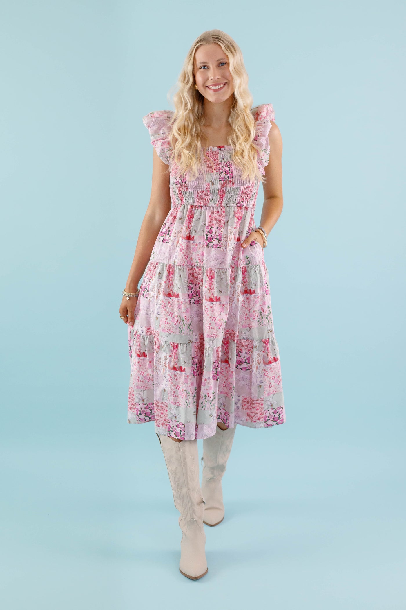 Floral Patchwork Midi Dress- Pink Feminine Floral Midi Dress- Patchwork Midi Dress by Aureum