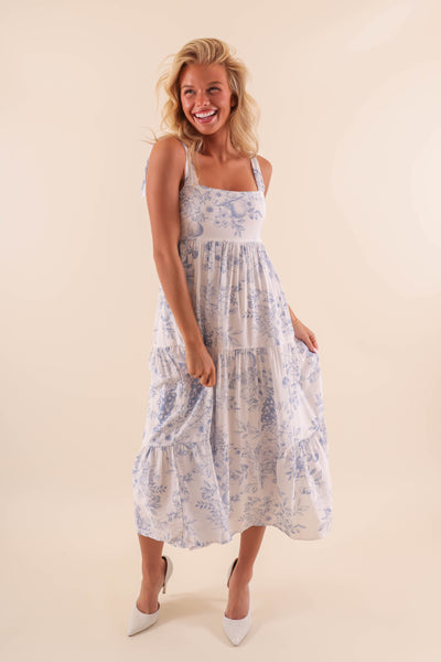 White Tiered Midi Dress with Blue Floral Design and Tie Straps