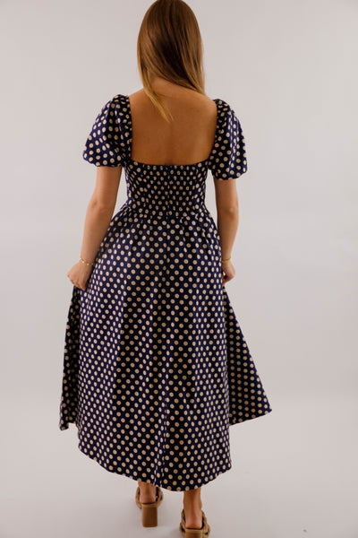 Square Neckline Polkadot Midi Dress- Women's Navy and White Polkadot Dress