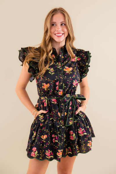 Black Floral Dress- Women's Short Sleeve Floral Dres- Entro Floral Scalloped Dress