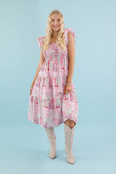 Floral Patchwork Midi Dress- Pink Feminine Floral Midi Dress- Patchwork Midi Dress by Aureum