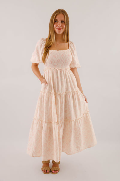 Pink and Ivory Floral Cotton Midi Dress- Women's Conservative Dresses
