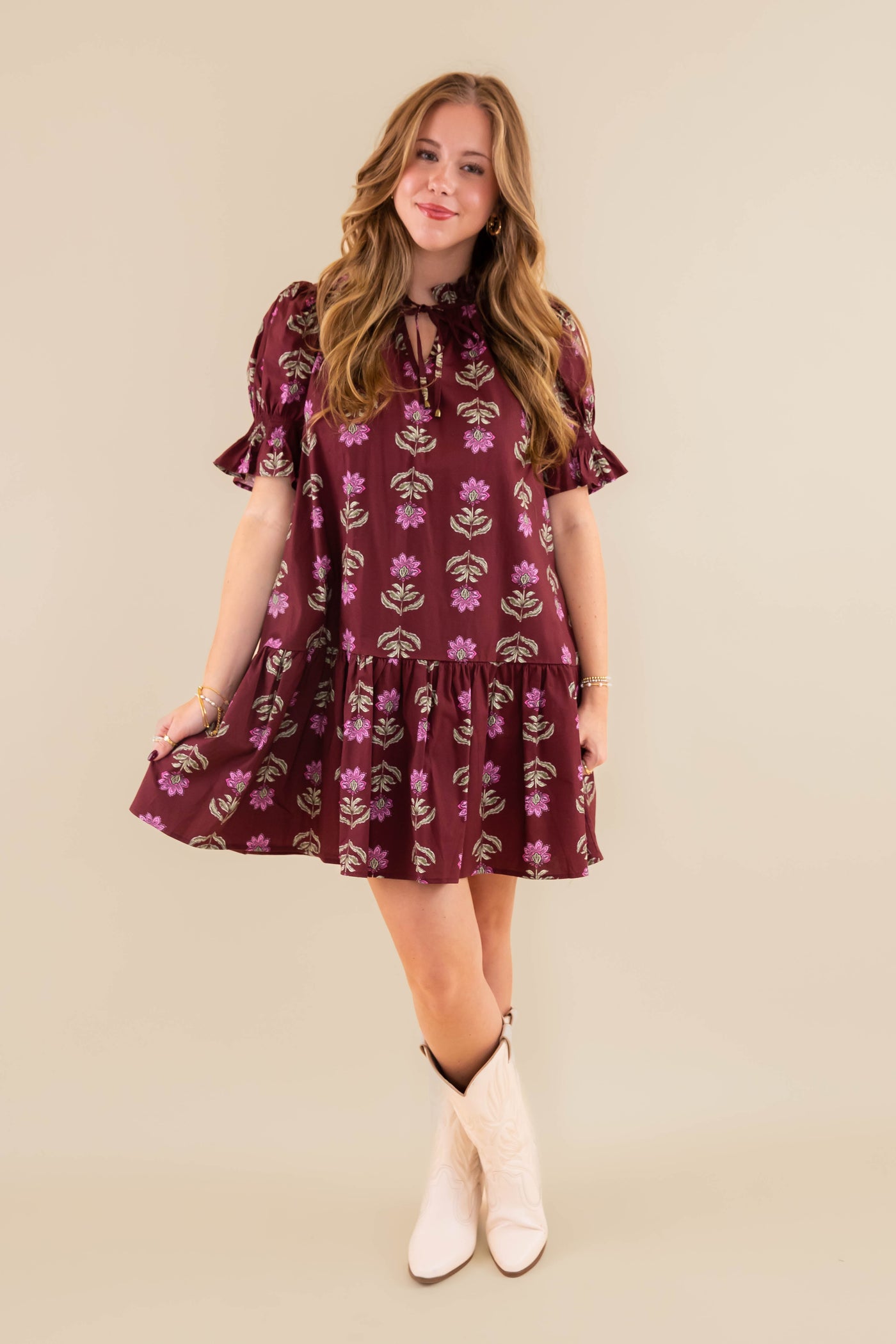 Floral Print Short Sleeve Dress- Women's Burgundy Floral Dress- Entro Floral Dress