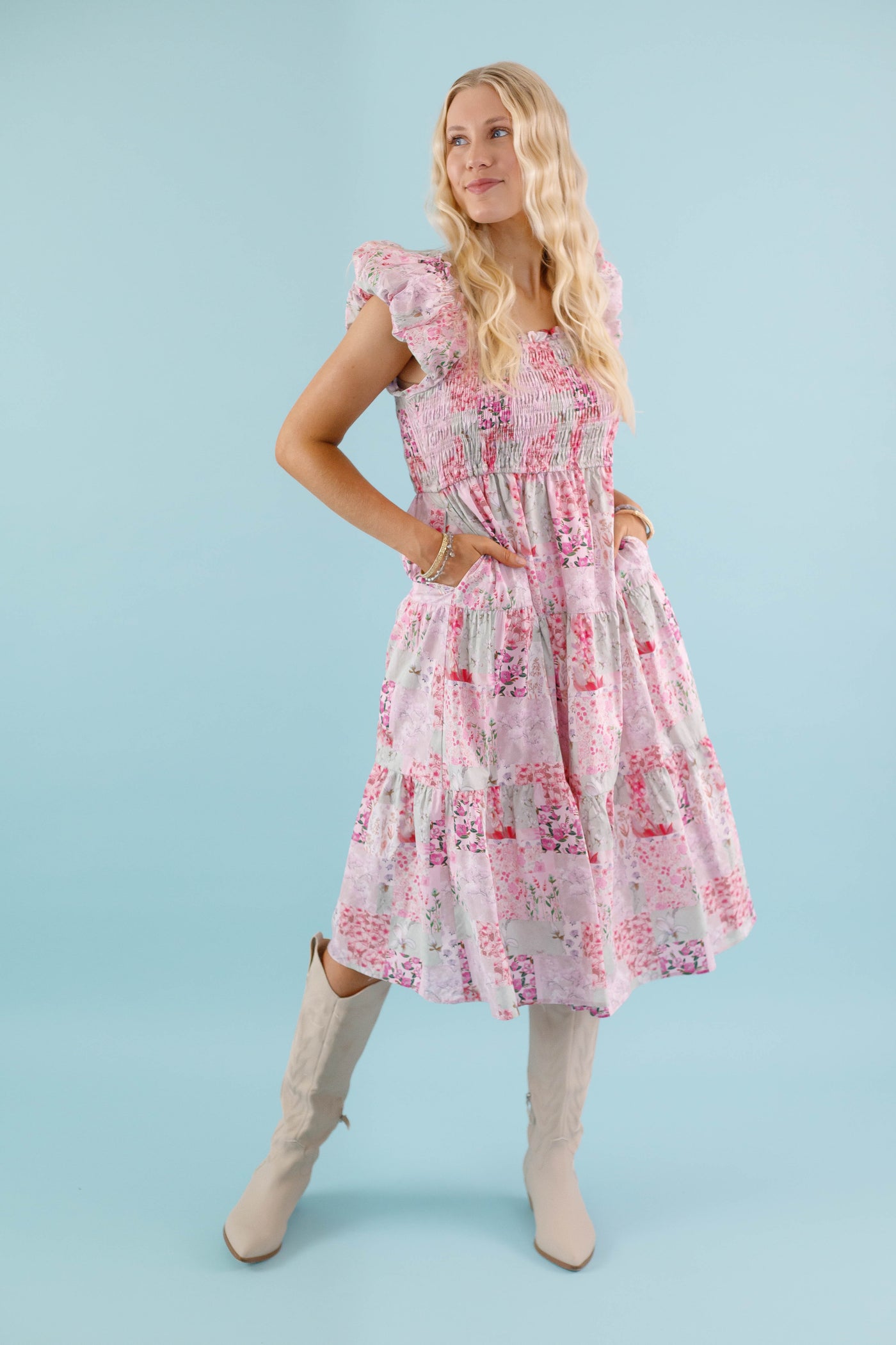 Floral Patchwork Midi Dress- Pink Feminine Floral Midi Dress- Patchwork Midi Dress by Aureum