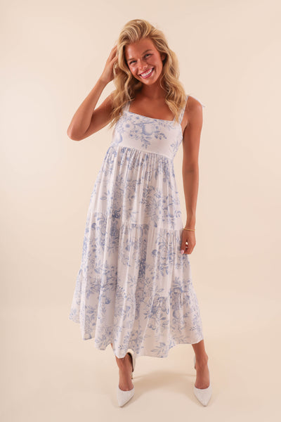 White Tiered Midi Dress with Blue Floral Design and Tie Straps