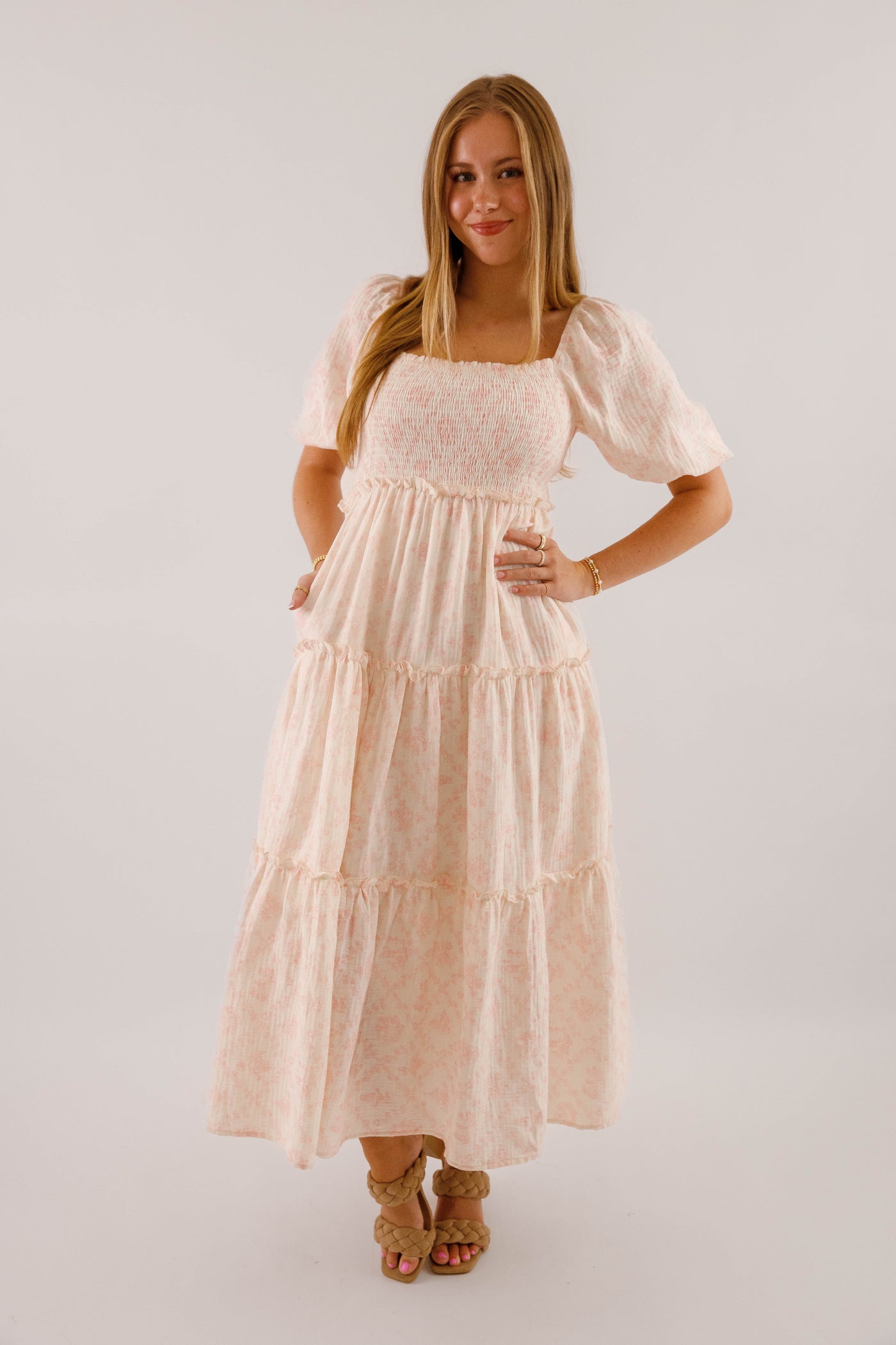 Pink and Ivory Floral Cotton Midi Dress- Women's Conservative Dresses