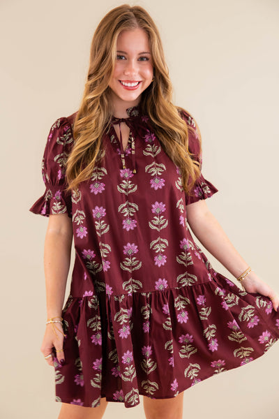 Floral Print Short Sleeve Dress- Women's Burgundy Floral Dress- Entro Floral Dress