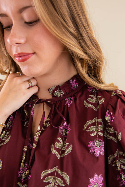Floral Print Short Sleeve Dress- Women's Burgundy Floral Dress- Entro Floral Dress