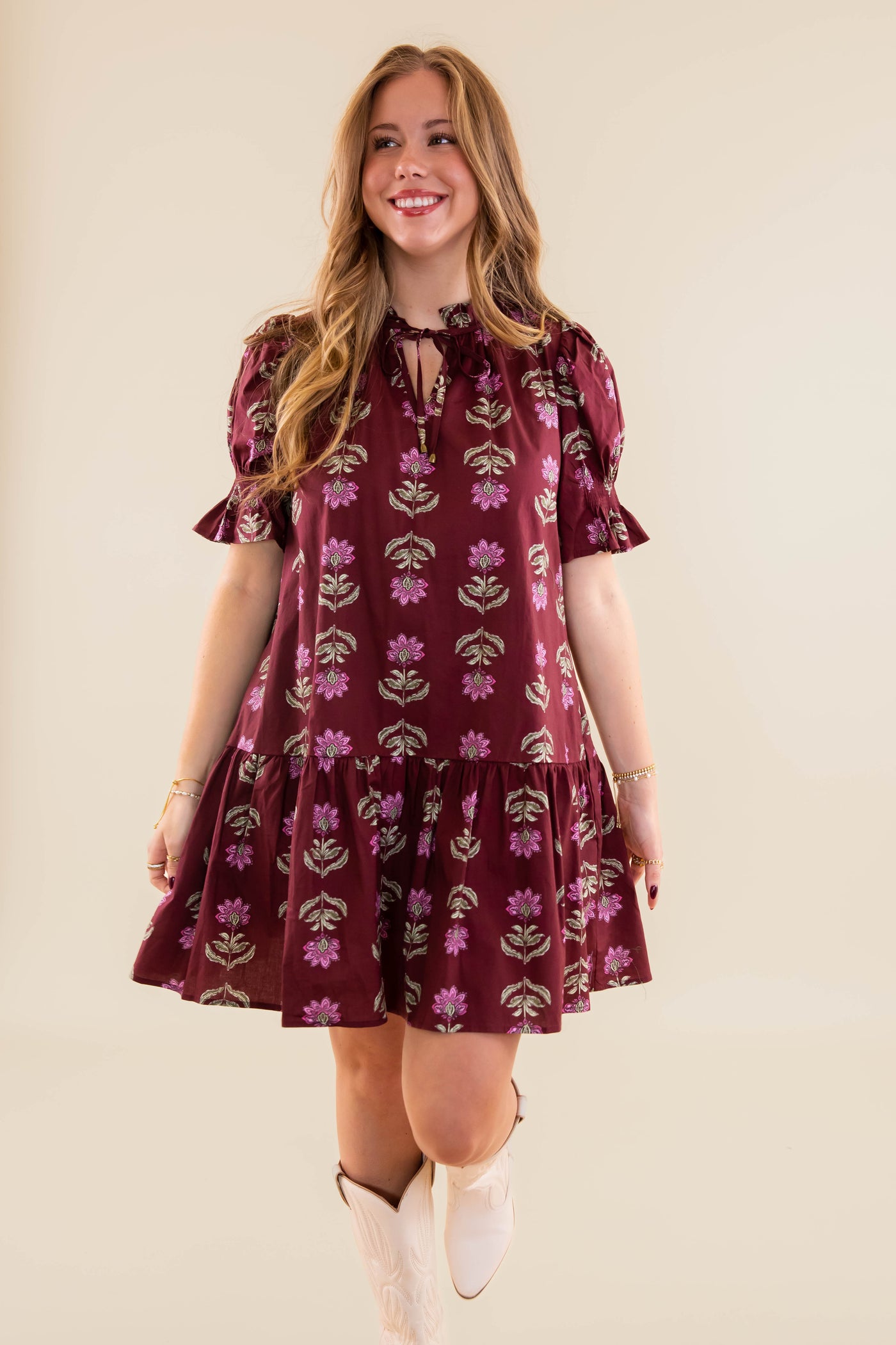 Floral Print Short Sleeve Dress- Women's Burgundy Floral Dress- Entro Floral Dress