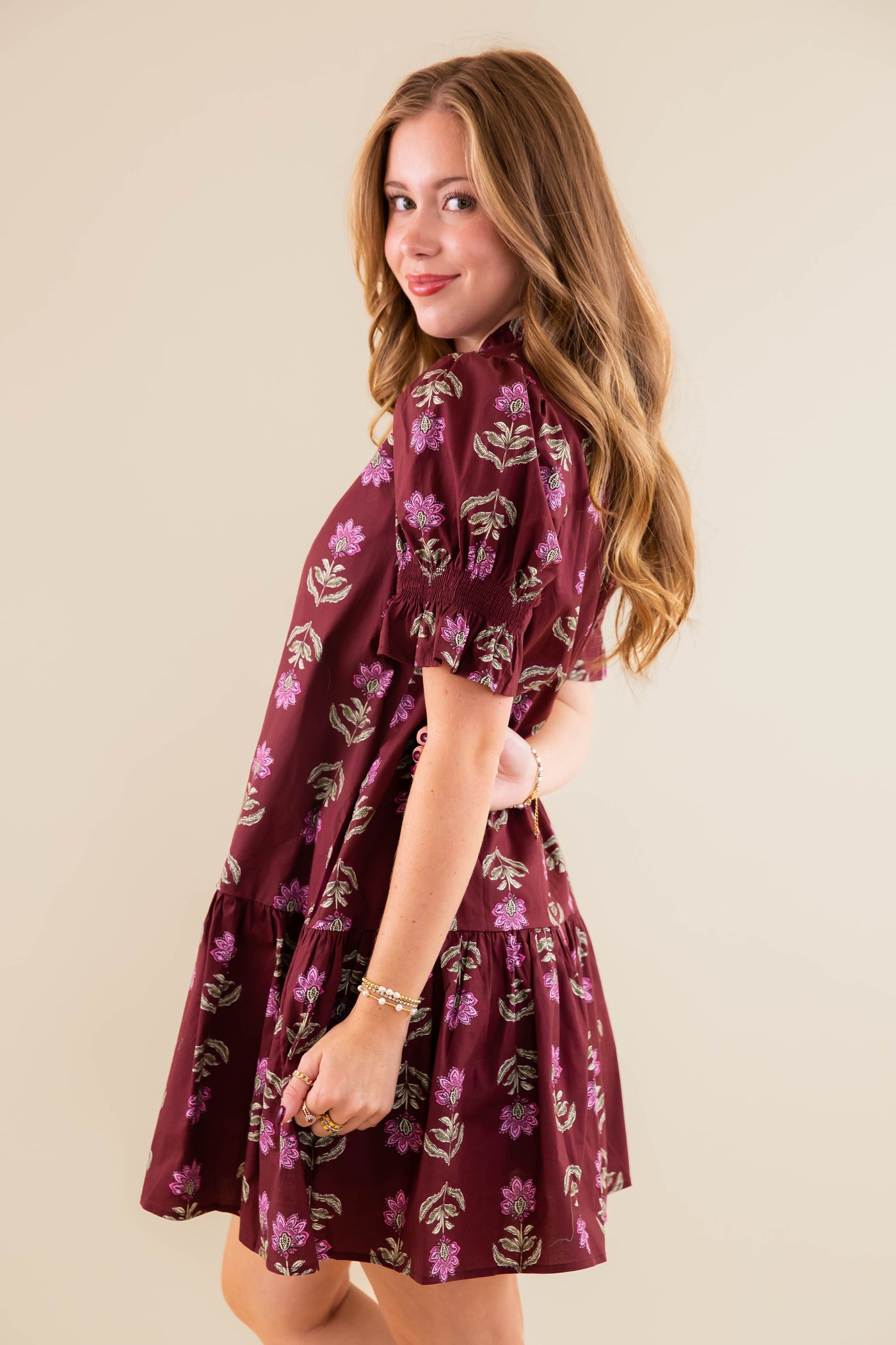 Floral Print Short Sleeve Dress- Women's Burgundy Floral Dress- Entro Floral Dress