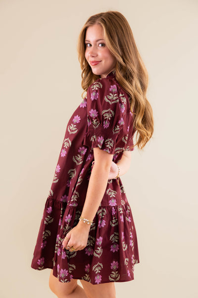 Floral Print Short Sleeve Dress- Women's Burgundy Floral Dress- Entro Floral Dress