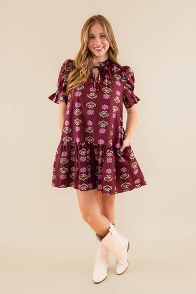 Floral Print Short Sleeve Dress- Women's Burgundy Floral Dress- Entro Floral Dress